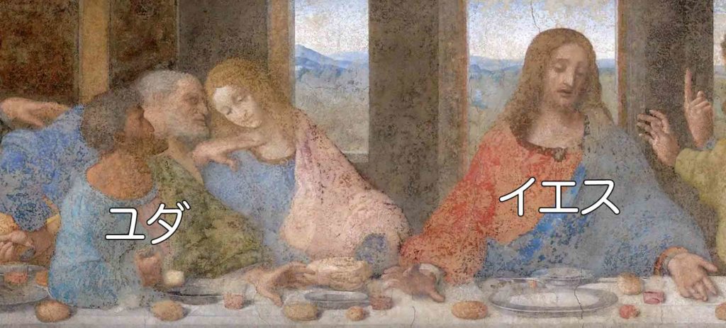 ダヴィンチの作品「最後の晩餐」におけるイエスキリストとユダの手が同じ方向へ伸びている拡大イメージ