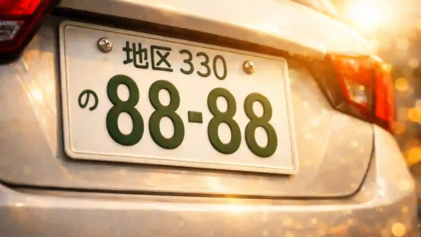 夕暮れの街並みを背景に、白い車のナンバープレート「88-88（地区330・の）」が鮮明に写るエンジェルナンバーのイメージ画像