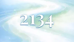 緑と水色の川を背景としたエンジェルナンバー2134の待ち受け画像